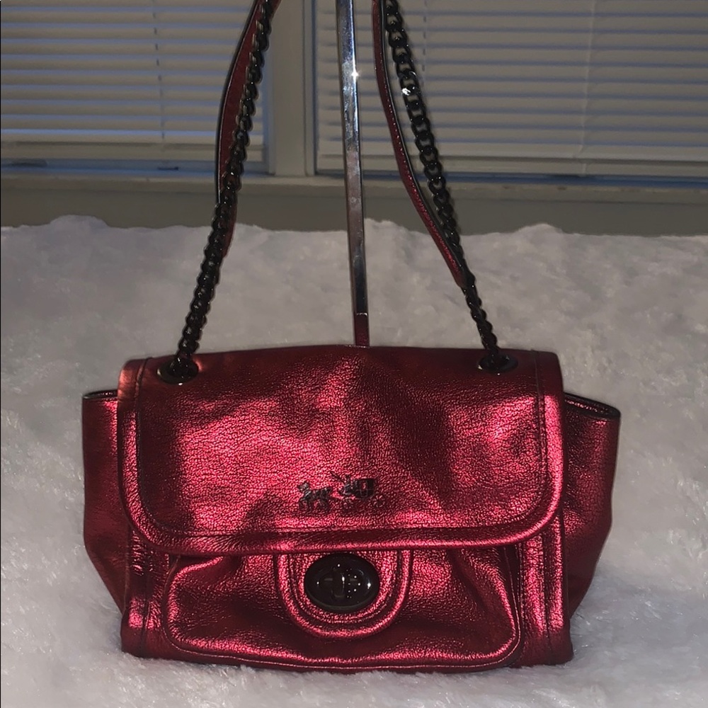 COACH Red Metallic Shoulder Bag with Braided Straps